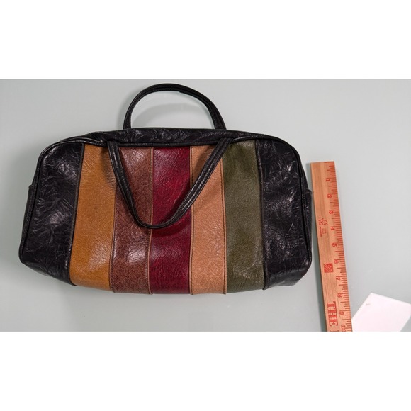 VTG 60's Mod Vinyl Satchel Handbag Multicolor Stripe Design GrannieCore - Picture 5 of 10